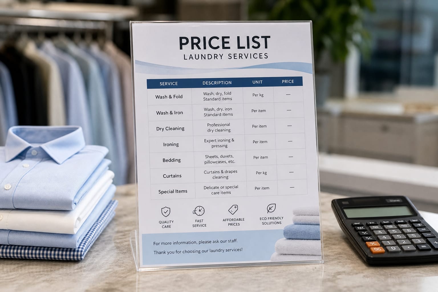 Ajit's Laundry published dry clean and steam press price list